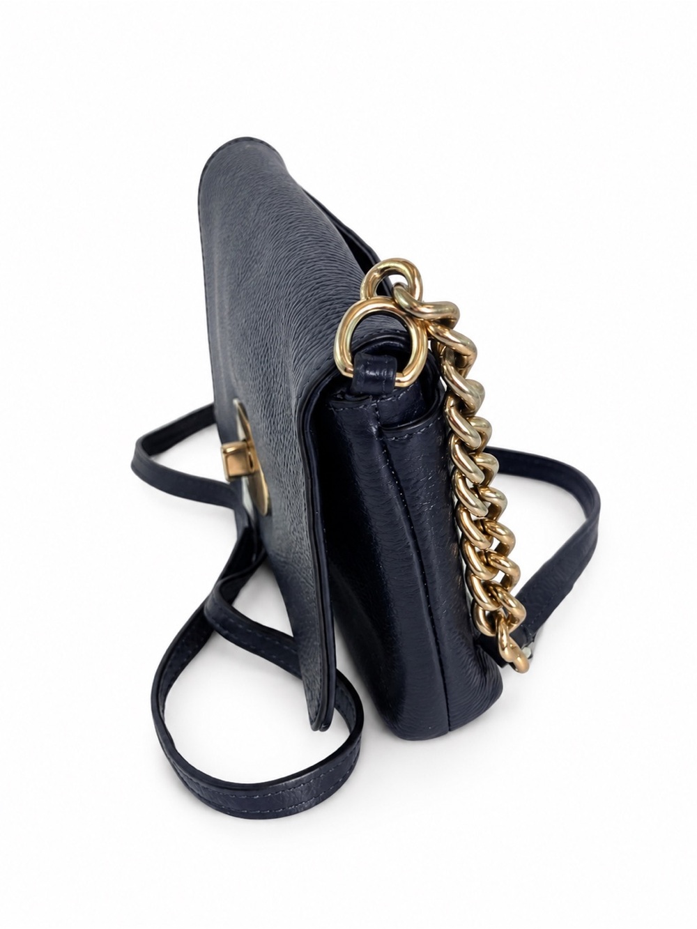Coach Dark Navy Pebbled Leather Turnlock Chain Shoulder Bag Gold Hardware - Picture 3 of 9
